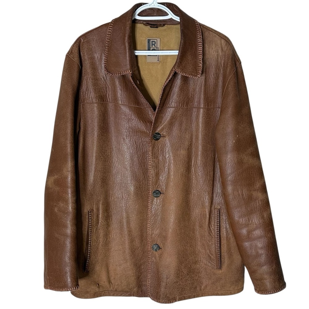 ROBERT COMSTOCK Men’s Brown Distressed Leather Jacket Embroidered Medium *FLAWS